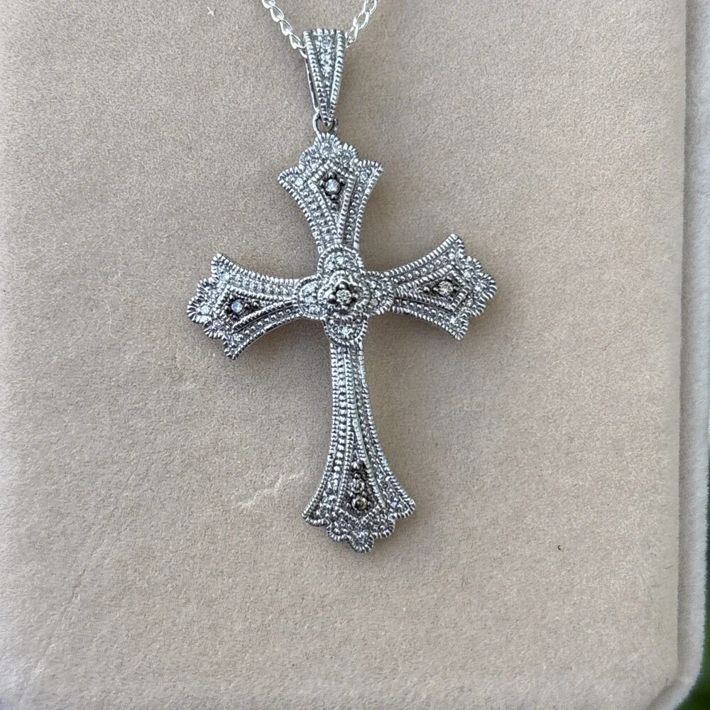 Stunning Sterling Silver Pave Genuine Natural Diamond Cross Pendant 24